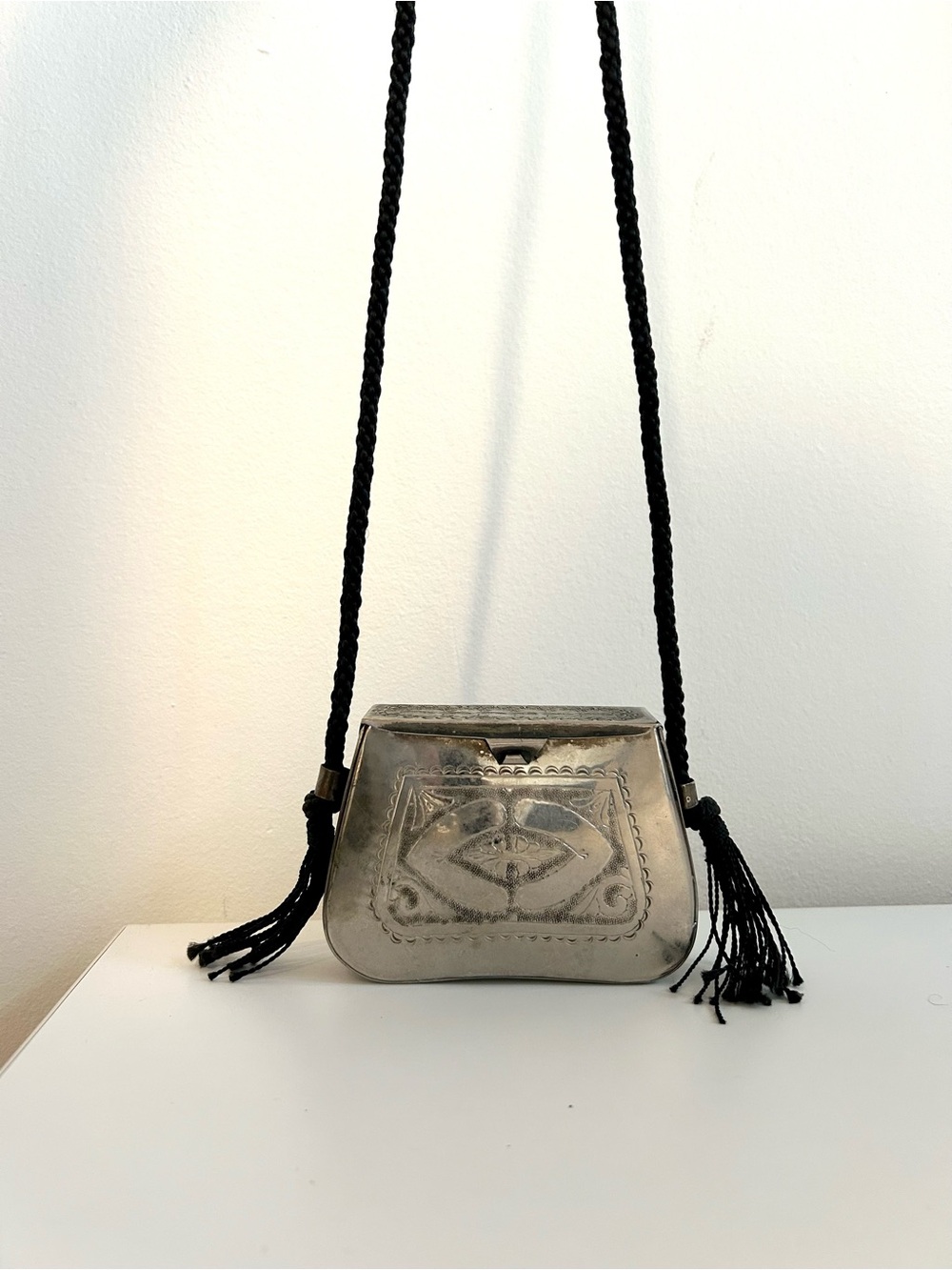 Metallic Silver Crossbody Bag with Braided Strap